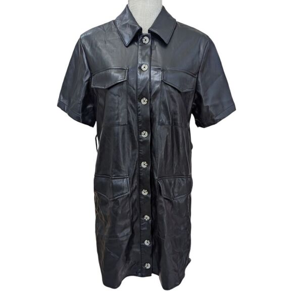 House of Harlow 1960 Faux Leather Button Short Sleeve Shirt Mini Dress in Black - Picture 1 of 7